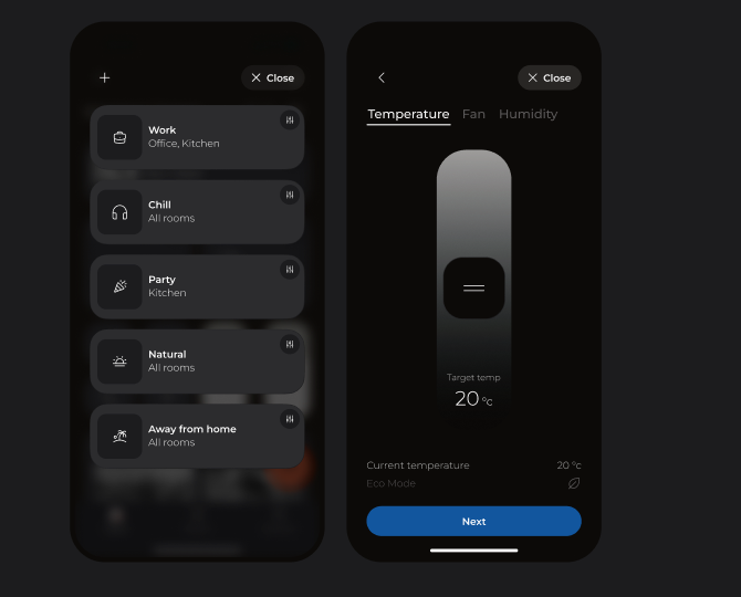 Create & Manage scenes: scene list and temperature feature screens
